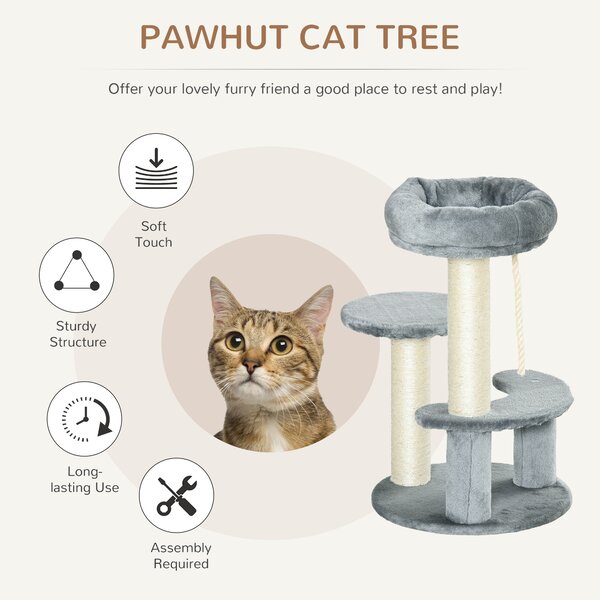 PawHut Cat Tree 65 cm, Kitty Scratcher, Kitten Activity Centre with 2 Perches & Hanging Sisal Rope, Grey Aosom UK