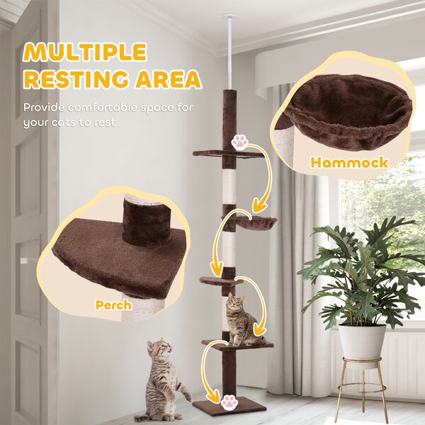 PawHut Cat Climbing Tree, 5-Tier Floor to Ceiling Adjustable Scratching Post Tower, Activity Centre, Brown, 230-260cm Aosom UK