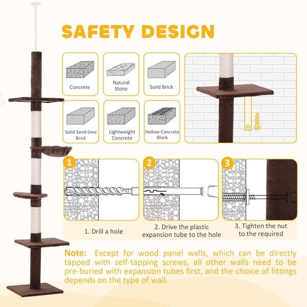 PawHut Cat Climbing Tree, 5-Tier Floor to Ceiling Adjustable Scratching Post Tower, Activity Centre, Brown, 230-260cm Aosom UK