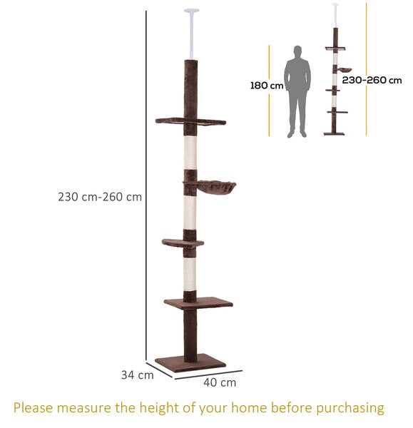 PawHut Cat Climbing Tree, 5-Tier Floor to Ceiling Adjustable Scratching Post Tower, Activity Centre, Brown, 230-260cm Aosom UK
