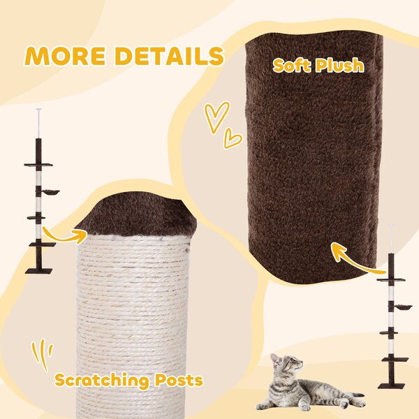 PawHut Cat Climbing Tree, 5-Tier Floor to Ceiling Adjustable Scratching Post Tower, Activity Centre, Brown, 230-260cm Aosom UK