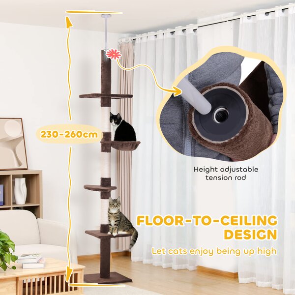 PawHut Cat Climbing Tree, 5-Tier Floor to Ceiling Adjustable Scratching Post Tower, Activity Centre, Brown, 230-260cm Aosom UK
