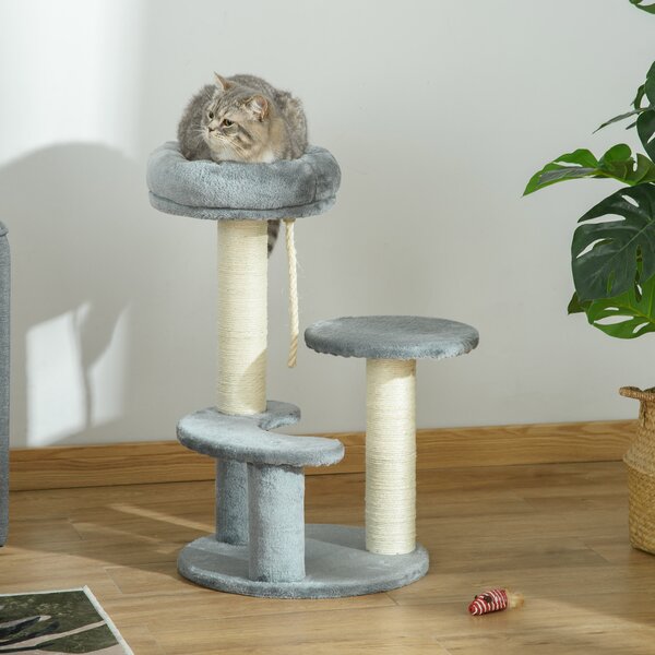 PawHut Cat Tree 65 cm, Kitty Scratcher, Kitten Activity Centre with 2 Perches & Hanging Sisal Rope, Grey Aosom UK