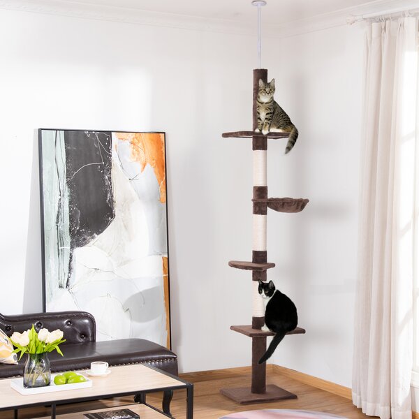 PawHut Cat Climbing Tree, 5-Tier Floor to Ceiling Adjustable Scratching Post Tower, Activity Centre, Brown, 230-260cm Aosom UK