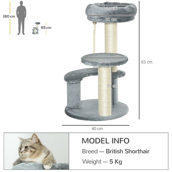 PawHut Cat Tree 65 cm, Kitty Scratcher, Kitten Activity Centre with 2 Perches & Hanging Sisal Rope, Grey Aosom UK