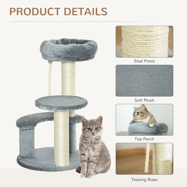 PawHut Cat Tree 65 cm, Kitty Scratcher, Kitten Activity Centre with 2 Perches & Hanging Sisal Rope, Grey Aosom UK