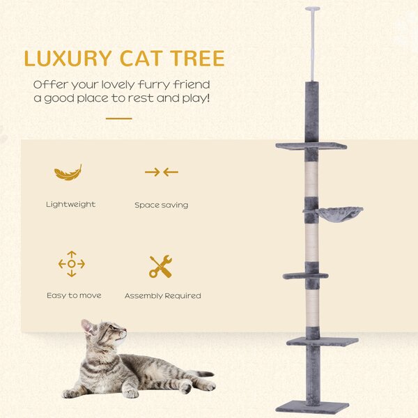 PawHut Cats Floor to Ceiling Scratching Post w/ 5-Tier Plush Leisure Platforms Grey Aosom UK