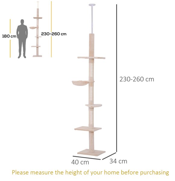 PawHut Floor to Ceiling Cat Tree 5-Tier Kitty Tower Activity Center Scratching Post 230-260cm