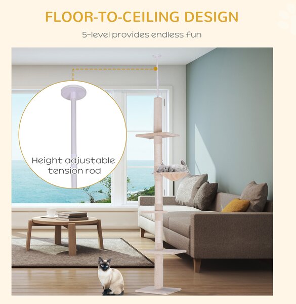 PawHut Floor to Ceiling Cat Tree 5-Tier Kitty Tower Activity Center Scratching Post 230-260cm