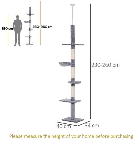 PawHut Cats Floor to Ceiling Scratching Post w/ 5-Tier Plush Leisure Platforms Grey Aosom UK