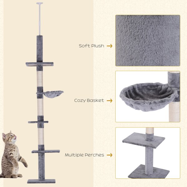 PawHut Cats Floor to Ceiling Scratching Post w/ 5-Tier Plush Leisure Platforms Grey Aosom UK