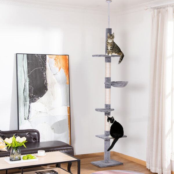 PawHut Cats Floor to Ceiling Scratching Post w/ 5-Tier Plush Leisure Platforms Grey Aosom UK