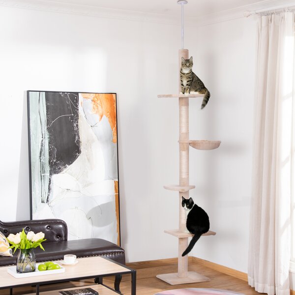 PawHut Floor to Ceiling Cat Tree 5-Tier Kitty Tower Activity Center Scratching Post 230-260cm