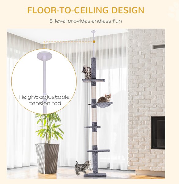 PawHut Cats Floor to Ceiling Scratching Post w/ 5-Tier Plush Leisure Platforms Grey Aosom UK