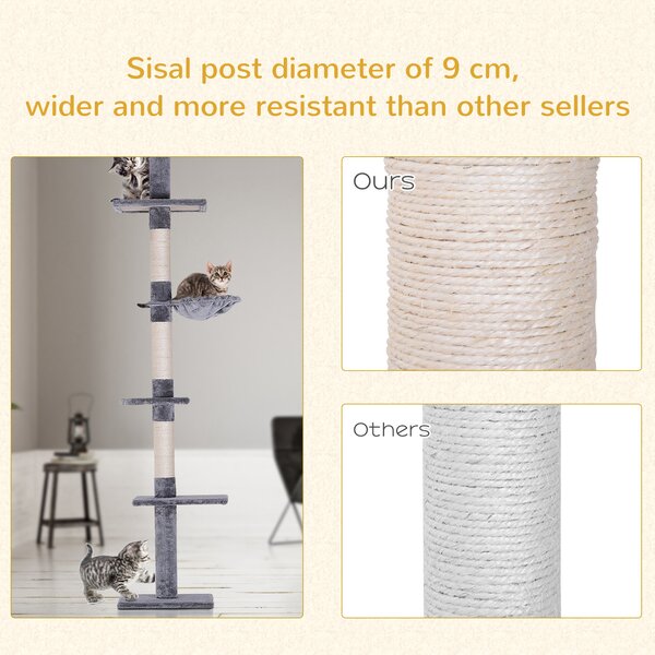 PawHut Cats Floor to Ceiling Scratching Post w/ 5-Tier Plush Leisure Platforms Grey Aosom UK
