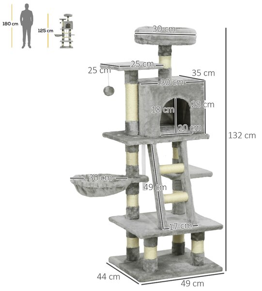 PawHut 132cm Cat Tree with Scratching Post, House, Hammock, Grey Aosom UK