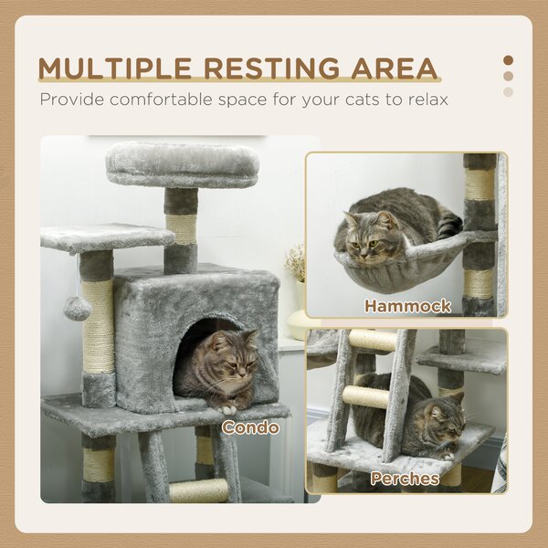 PawHut 132cm Cat Tree with Scratching Post, House, Hammock, Grey Aosom UK