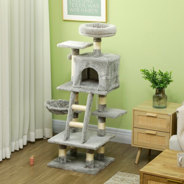PawHut 132cm Cat Tree with Scratching Post, House, Hammock, Grey Aosom UK