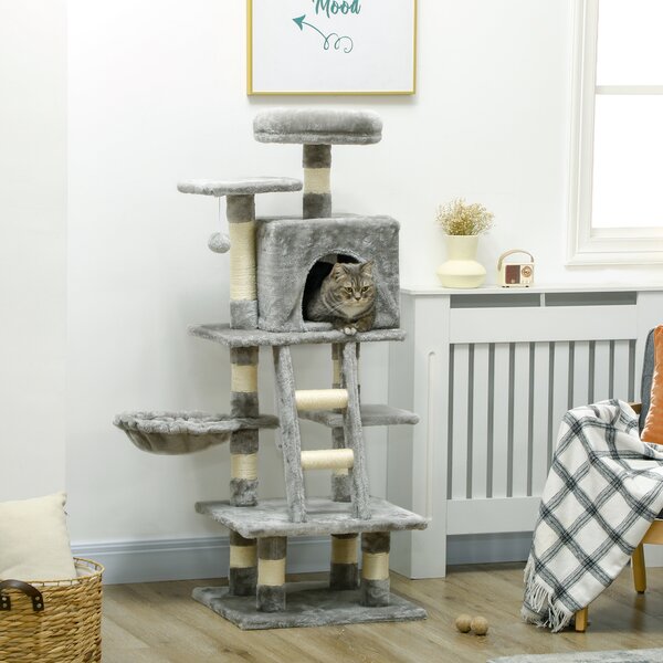 PawHut 132cm Cat Tree with Scratching Post, House, Hammock, Grey Aosom UK
