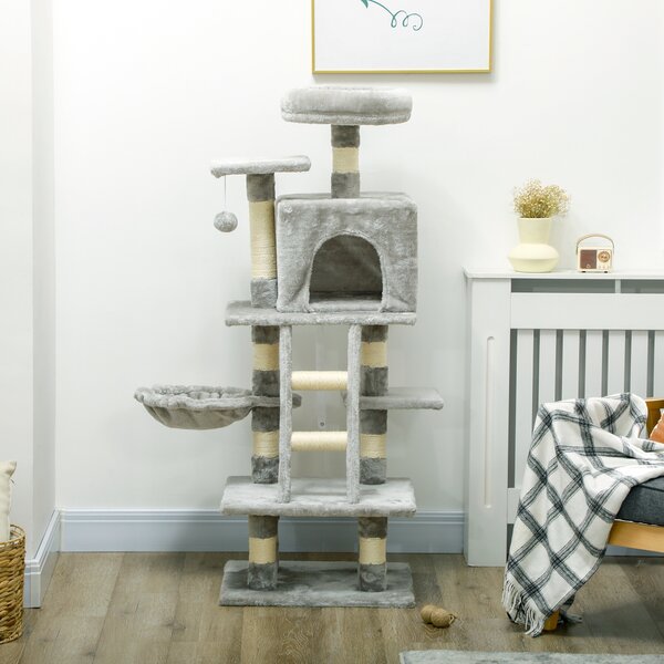 PawHut 132cm Cat Tree with Scratching Post, House, Hammock, Grey Aosom UK