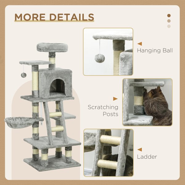 PawHut 132cm Cat Tree with Scratching Post, House, Hammock, Grey Aosom UK