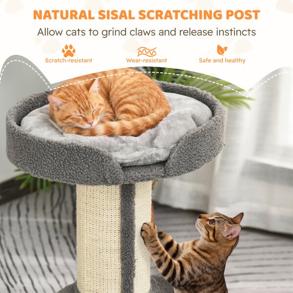 PawHut 81cm Cat Tree with Sisal Scratching Post, Cat Tower Kitten Activity Center climbing frame with large platform Lamb Cashmere Perch, Grey