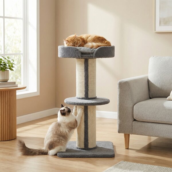 PawHut 81cm Cat Tree with Sisal Scratching Post, Cat Tower Kitten Activity Center climbing frame with large platform Lamb Cashmere Perch, Grey
