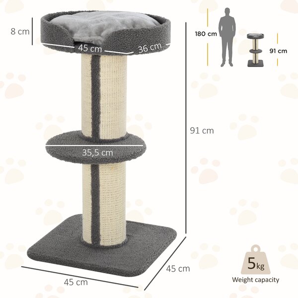 PawHut 81cm Cat Tree with Sisal Scratching Post, Cat Tower Kitten Activity Center climbing frame with large platform Lamb Cashmere Perch, Grey