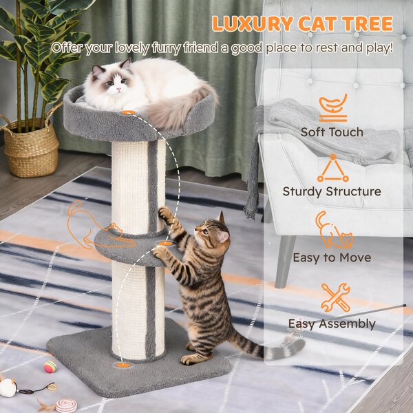 PawHut 81cm Cat Tree with Sisal Scratching Post, Cat Tower Kitten Activity Center climbing frame with large platform Lamb Cashmere Perch, Grey