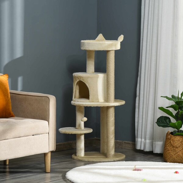PawHut Sisal-Covered Cat Tree Tower, Pet Activity Centre with Scratching Post, Cosy Perch, Beige, 48 x 48 x 104cm Aosom UK
