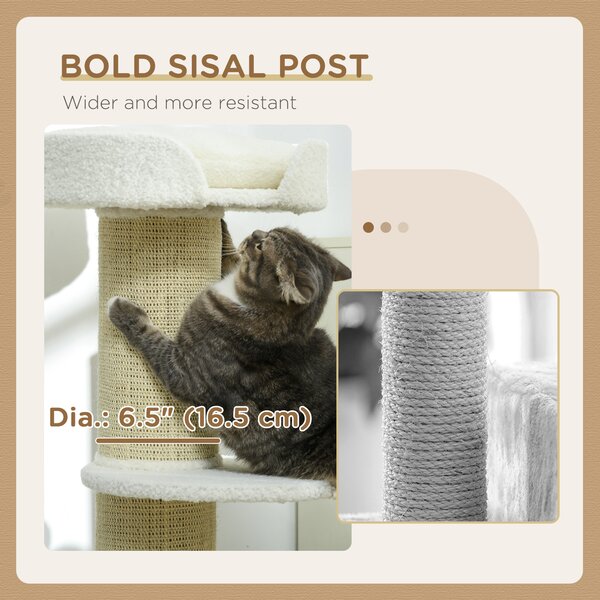 PawHut 2 Tier Sisal Sherpa Cat Tree with Basket Cushion Sisal Post Cream White Aosom UK