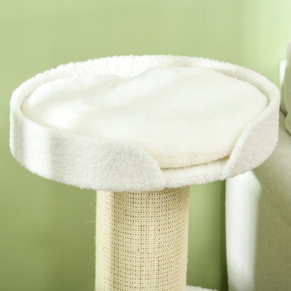 PawHut 2 Tier Sisal Sherpa Cat Tree with Basket Cushion Sisal Post Cream White Aosom UK