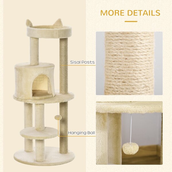 PawHut Sisal-Covered Cat Tree Tower, Pet Activity Centre with Scratching Post, Cosy Perch, Beige, 48 x 48 x 104cm Aosom UK