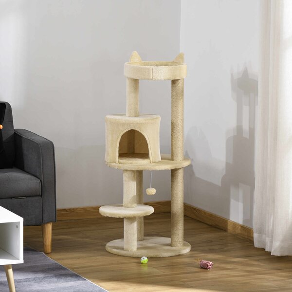 PawHut Sisal-Covered Cat Tree Tower, Pet Activity Centre with Scratching Post, Cosy Perch, Beige, 48 x 48 x 104cm Aosom UK