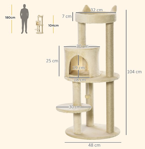 PawHut Sisal-Covered Cat Tree Tower, Pet Activity Centre with Scratching Post, Cosy Perch, Beige, 48 x 48 x 104cm Aosom UK