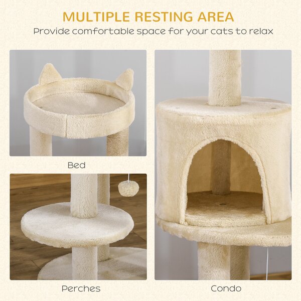 PawHut Sisal-Covered Cat Tree Tower, Pet Activity Centre with Scratching Post, Cosy Perch, Beige, 48 x 48 x 104cm Aosom UK