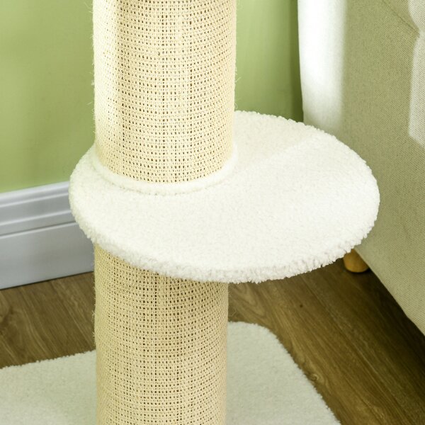 PawHut 2 Tier Sisal Sherpa Cat Tree with Basket Cushion Sisal Post Cream White Aosom UK