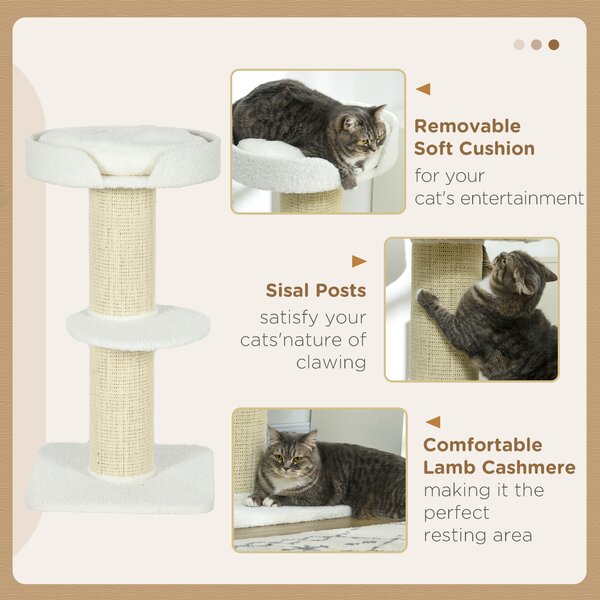 PawHut 2 Tier Sisal Sherpa Cat Tree with Basket Cushion Sisal Post Cream White Aosom UK
