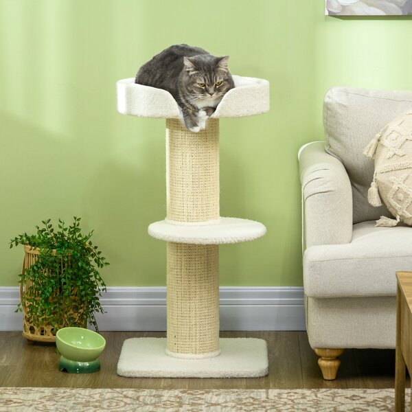 PawHut 2 Tier Sisal Sherpa Cat Tree with Basket Cushion Sisal Post Cream White Aosom UK