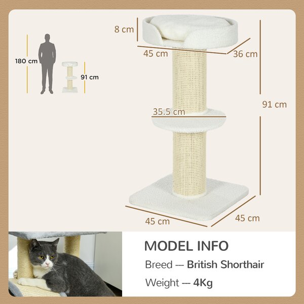 PawHut 2 Tier Sisal Sherpa Cat Tree with Basket Cushion Sisal Post Cream White Aosom UK