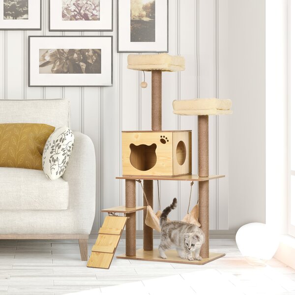 PawHut Cat Tree, 130cm Cat Tree for Indoor, Multi-Level Plush Cat Climbing Tower w/ Scratching Posts, Cat Condo for Large Cat, Yellow Aosom UK