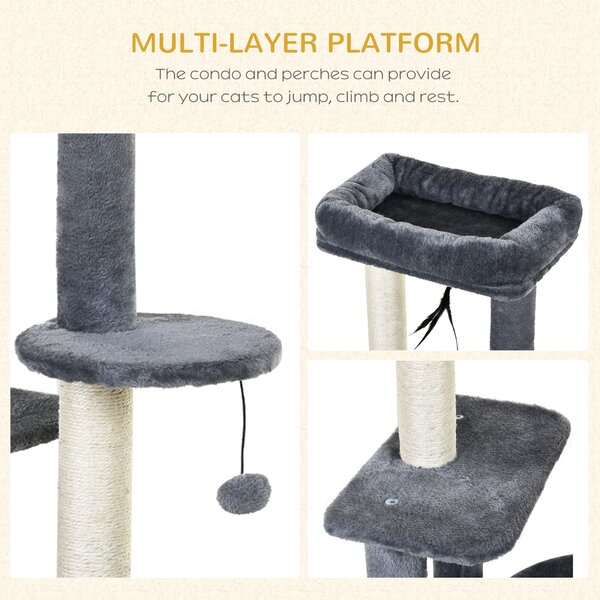PawHut Cat Tree Tower: Multi-Activity Centre with Perch, House, Scratching Post, Play Ball & Rest Area, Grey & White Aosom UK