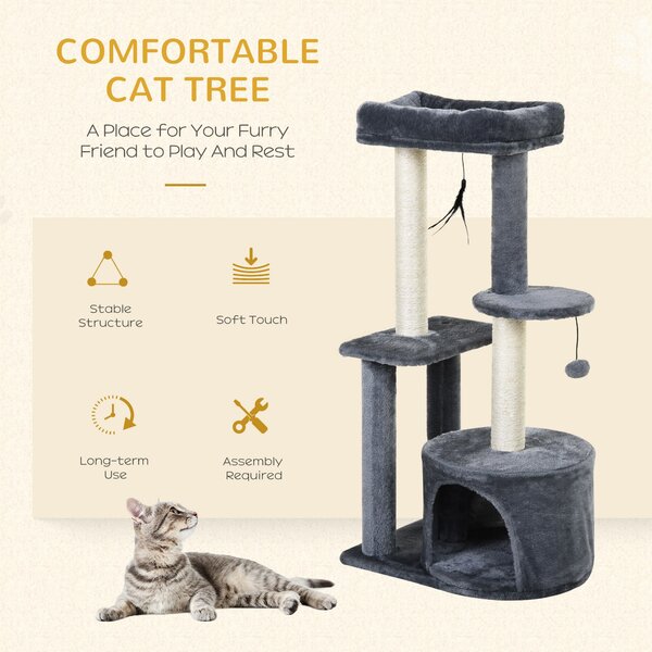 PawHut Cat Tree Tower: Multi-Activity Centre with Perch, House, Scratching Post, Play Ball & Rest Area, Grey & White Aosom UK