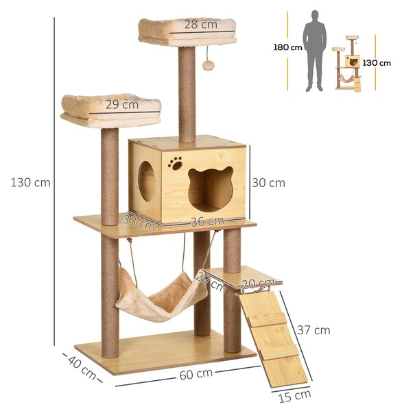 PawHut Cat Tree, 130cm Cat Tree for Indoor, Multi-Level Plush Cat Climbing Tower w/ Scratching Posts, Cat Condo for Large Cat, Yellow Aosom UK