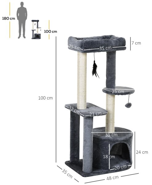 PawHut Cat Tree Tower: Multi-Activity Centre with Perch, House, Scratching Post, Play Ball & Rest Area, Grey & White Aosom UK