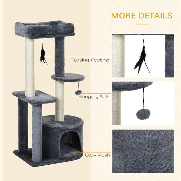 PawHut Cat Tree Tower: Multi-Activity Centre with Perch, House, Scratching Post, Play Ball & Rest Area, Grey & White Aosom UK