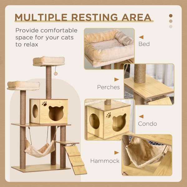 PawHut Cat Tree, 130cm Cat Tree for Indoor, Multi-Level Plush Cat Climbing Tower w/ Scratching Posts, Cat Condo for Large Cat, Yellow Aosom UK