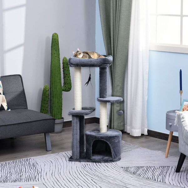 PawHut Cat Tree Tower: Multi-Activity Centre with Perch, House, Scratching Post, Play Ball & Rest Area, Grey & White Aosom UK