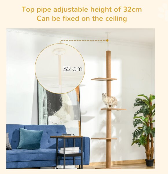 PawHut Floor to Ceiling Cat Tree, 260cm Tall with 3 Perches and Flannel Upholstery, Activity & Rest Tower, Brown Aosom UK