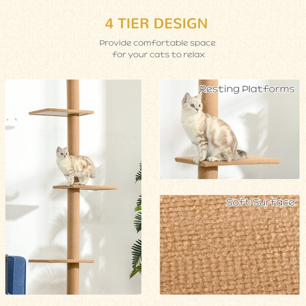 PawHut Floor to Ceiling Cat Tree, 260cm Tall with 3 Perches and Flannel Upholstery, Activity & Rest Tower, Brown Aosom UK